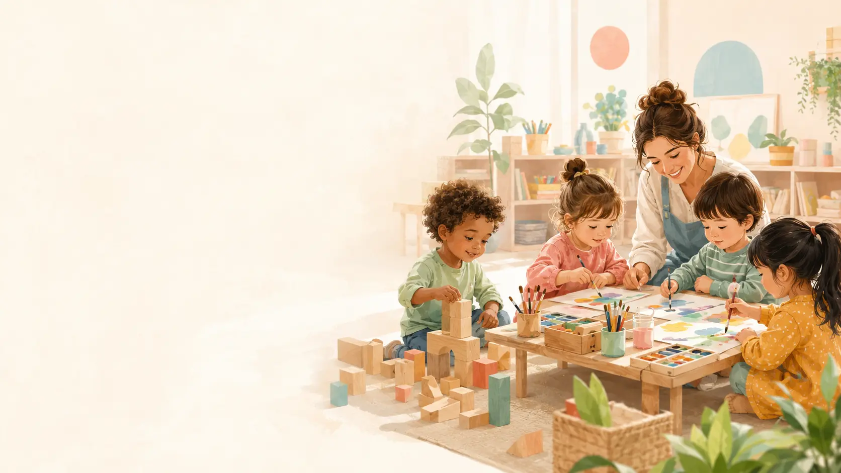 Aydınlık bir sınıfta sanat ve blok etkinliği yapan çocuklar
