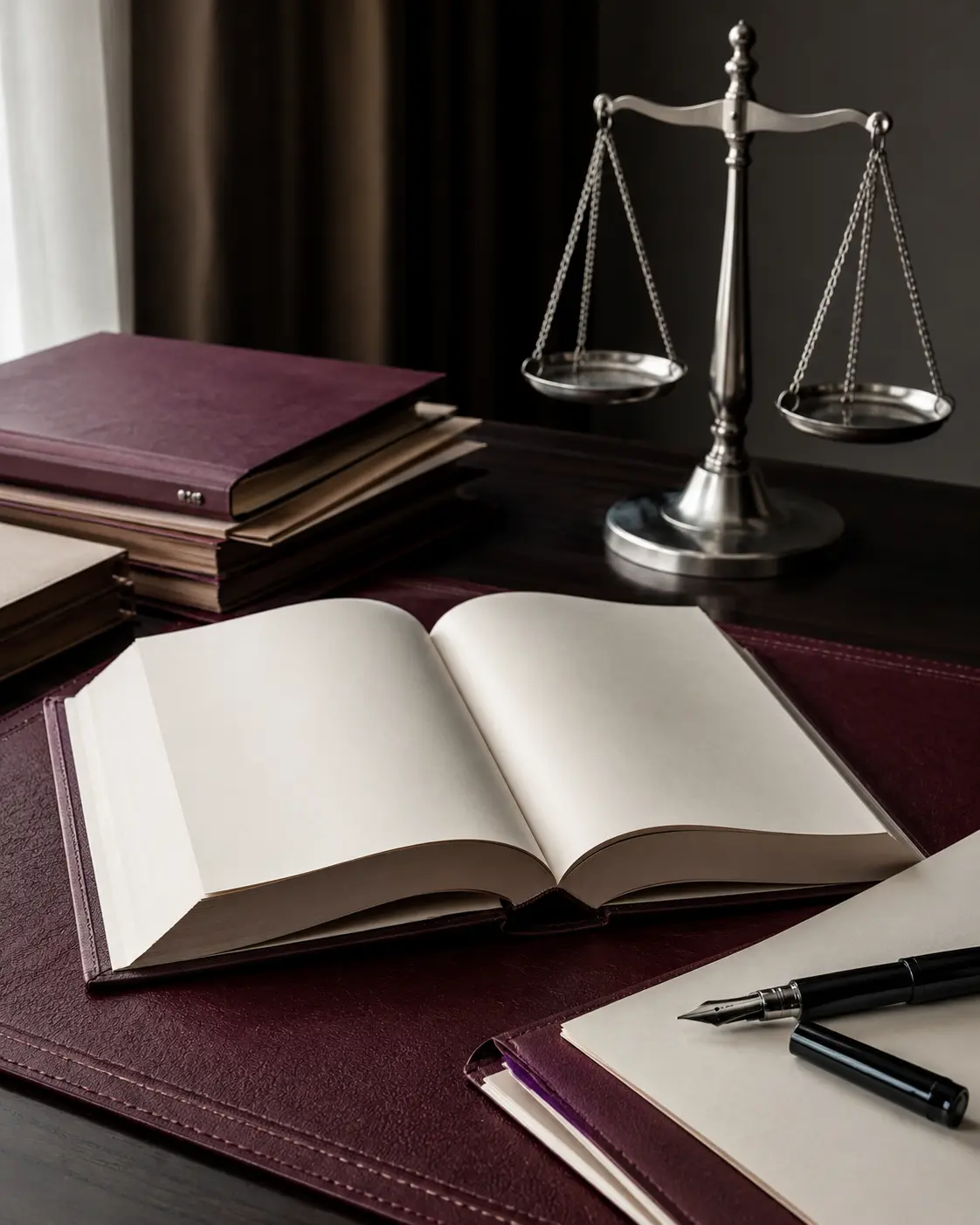 Hukuk kitabı, dava dosyaları ve adalet terazisi bulunan çalışma masası